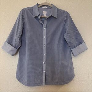 Chico's No Iron Size 1 Blue White Check Cotton Button Down Cuff Sleeve Shirt M